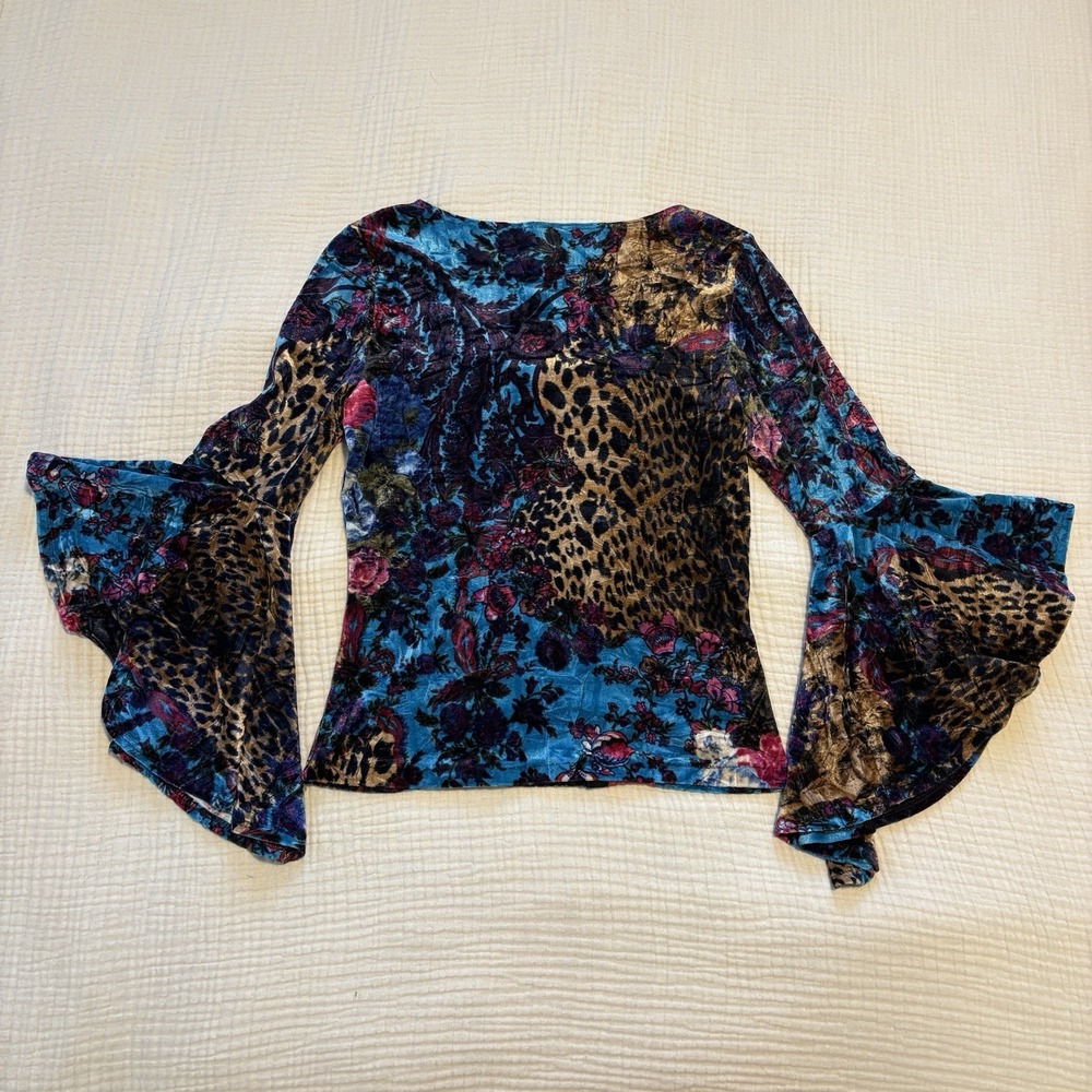 Y2K Velvet Corset Style Top Medium Bell Sleeve Lace Floral USA Made Whimsigoth - Picture 5 of 9